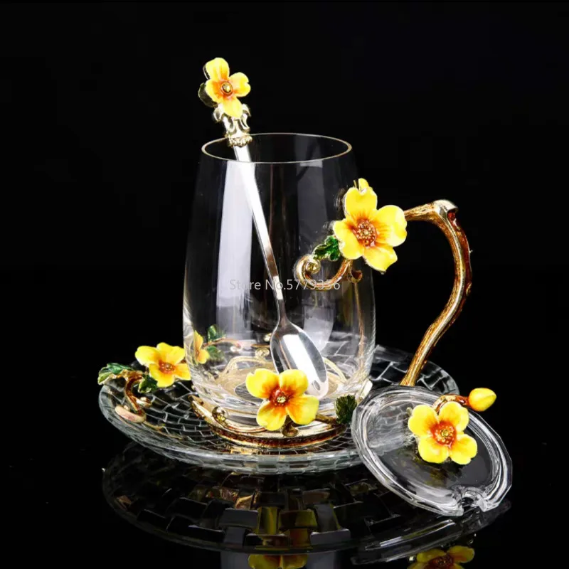 New Enamel Glass Cup Mug for Coffee Flower Tea Glass Cups with spoon Home Drinkware Perfect Wedding Gift for Summer Tea Mug Set