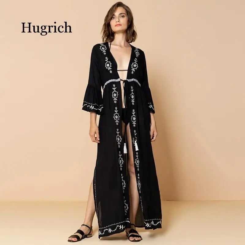 New Cotton Black White Embroidered Long Cardigan Beach Sunscreen Coat Bikini Holiday Smock 2021