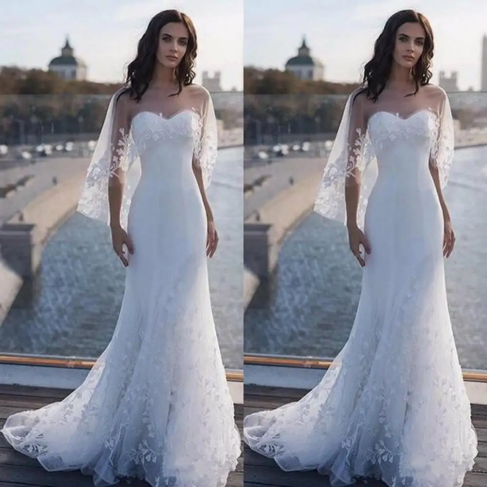 Nuovi abiti da sposa a sirena araba scollo a cuore Tulle bianco con Appliques cerniera posteriore Sweep Train Country abito da sposa robes