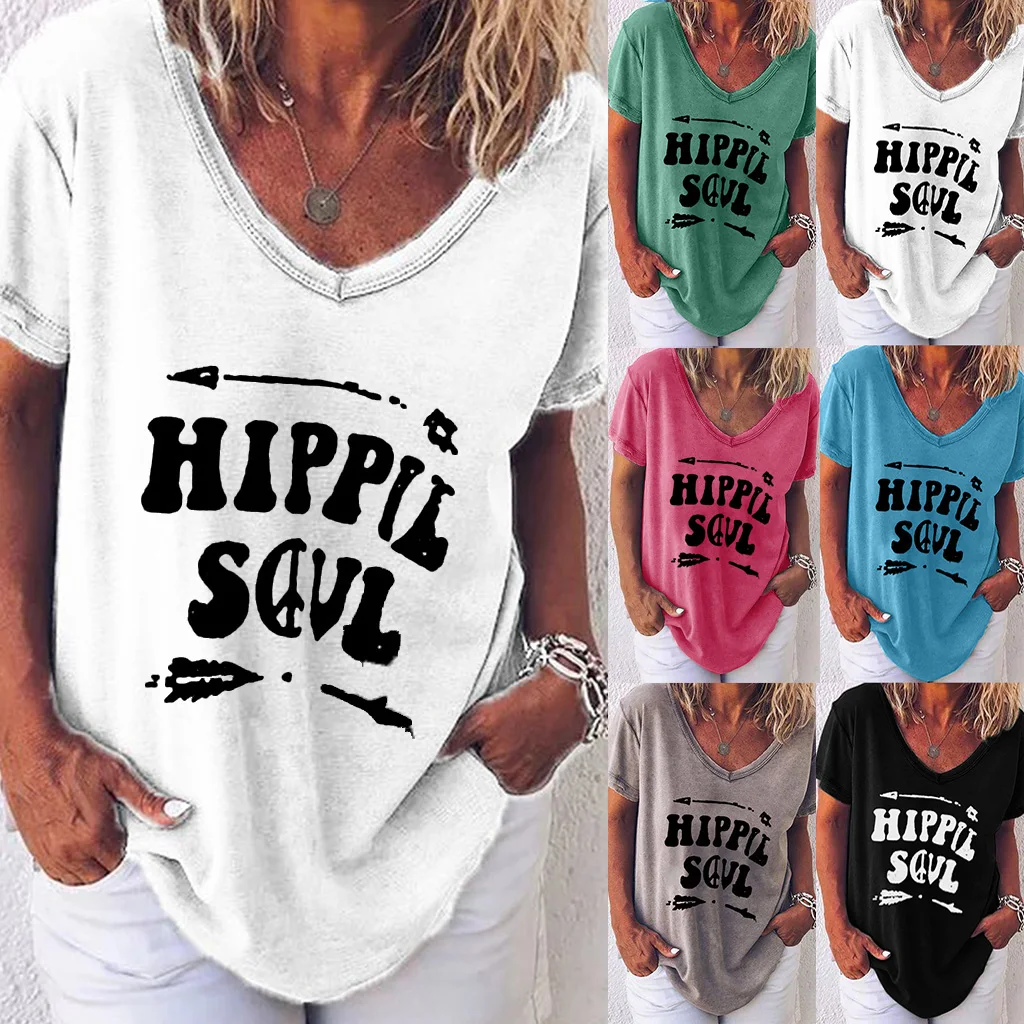 

Summer 2020 new short sleeve T-shirt ladies letter printing casual loose plus size V-neck Tees Women 6 colors