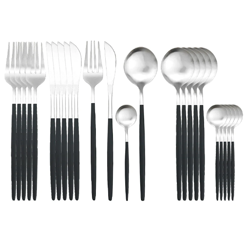 Black Silver Dinnerware Set 18/0 Stainless Steel Cutlery Set Knife Fork Coffee Spoon Tableware Set Kitchen Party Silverware Set