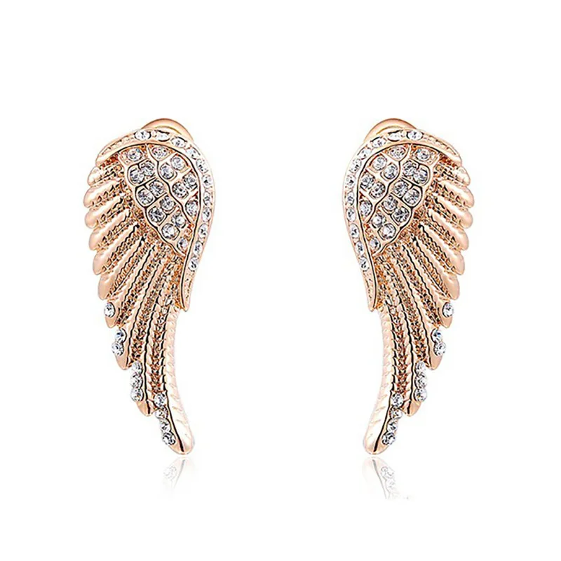 Western Style Angel\'s Feather Shape Ear Clip for Women New Fashion Metal Inlaid Rhinestone Stud Earrings Girl\'s Bright Jewelry