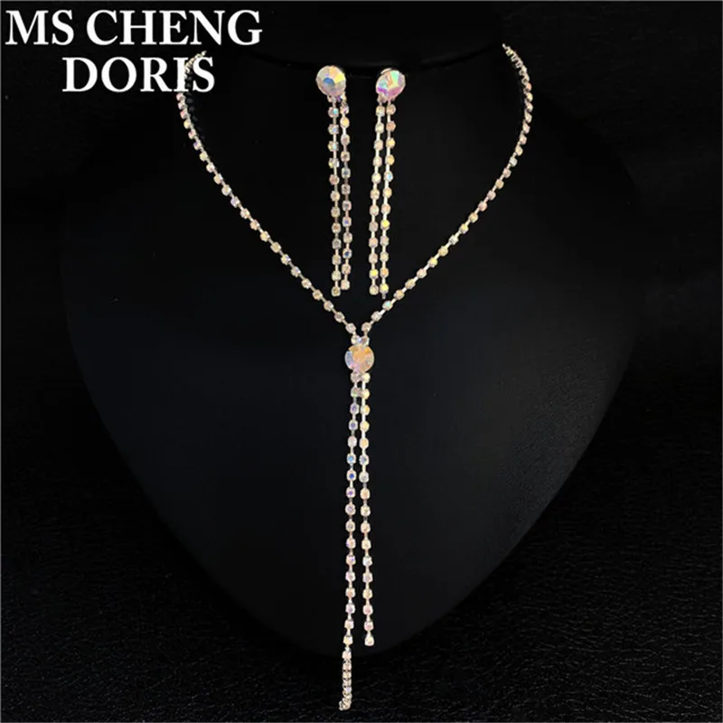 AB Color Jewelry Sets Water Drop Earrings Jewelry Set Rhinestones For Women Pendant Necklace/Earrings Wholesale