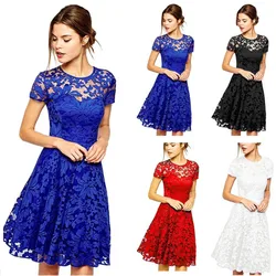 Sexy Women Floral Lace Dress Round Neck Short Sleeve Vintage Lace A-line Dress Patchwork Slim Pleated Swing Cocktail Party Dress