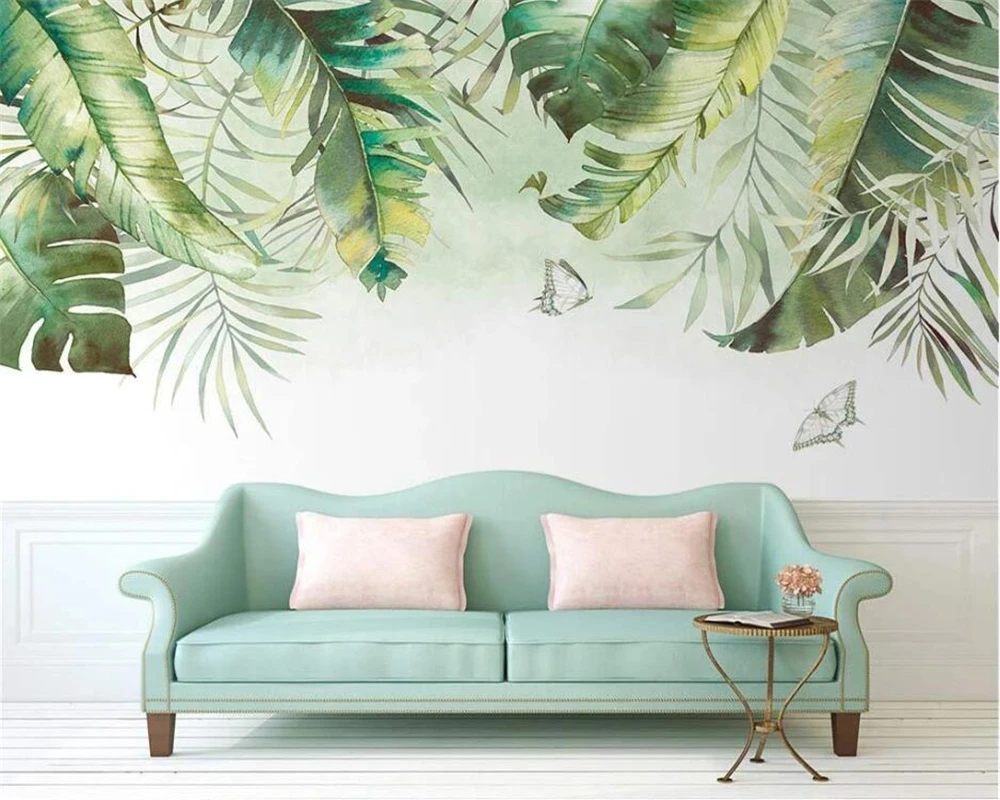 

beibehang Customize new Nordic hand-painted leaves banana leaves rural small fresh background wallpaper wall papers home decor