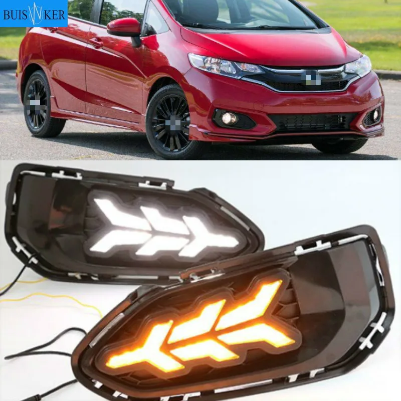 

2pcs LED DRL Daytime Running Lights Daylight Fog Lamp Cover With Turn signal lamp For Honda jazz fit 2018