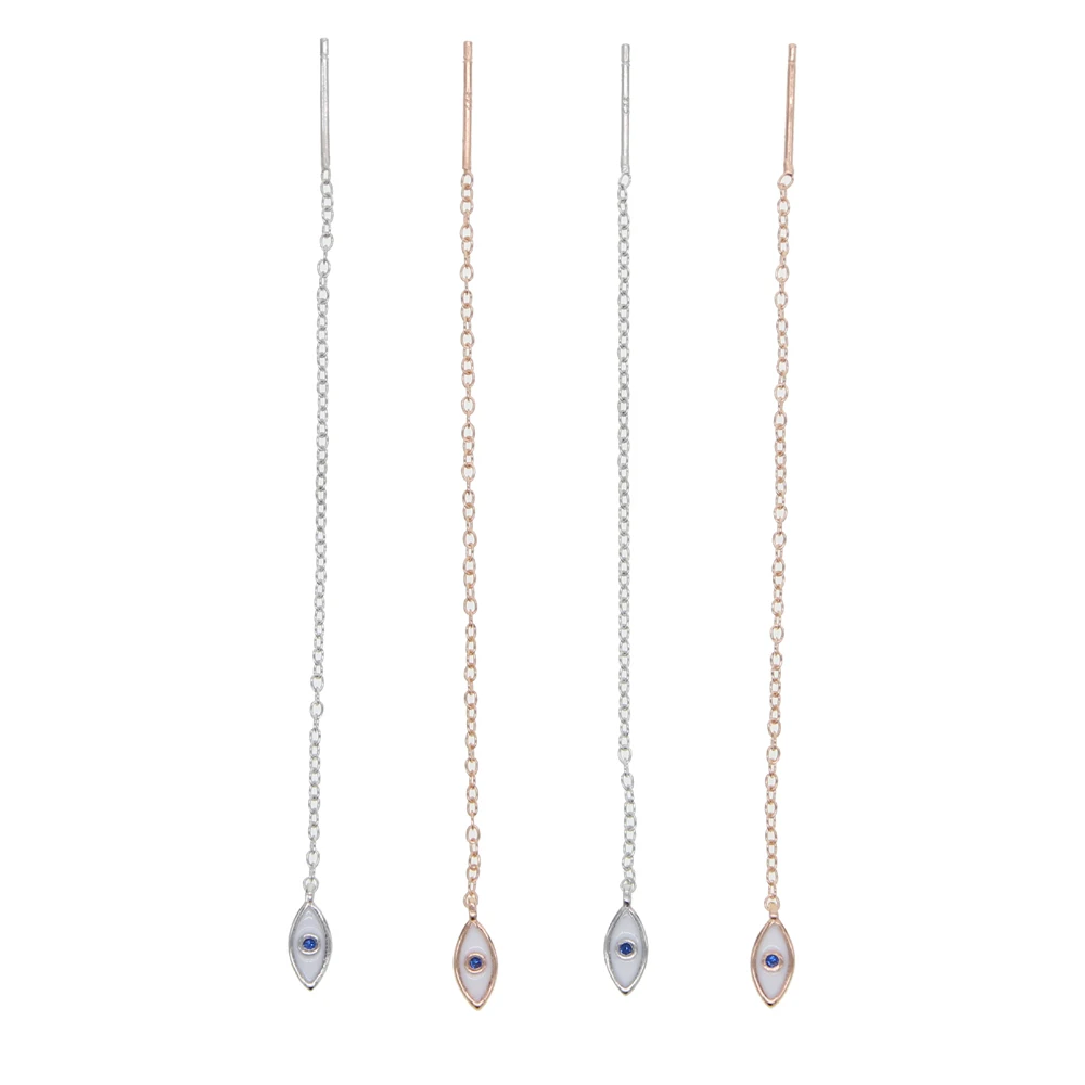 Long Chain Ear Threader Earring White Enamel Evil eye Charm Silver color Rose gold Turkish Fashion Earring Jewelry