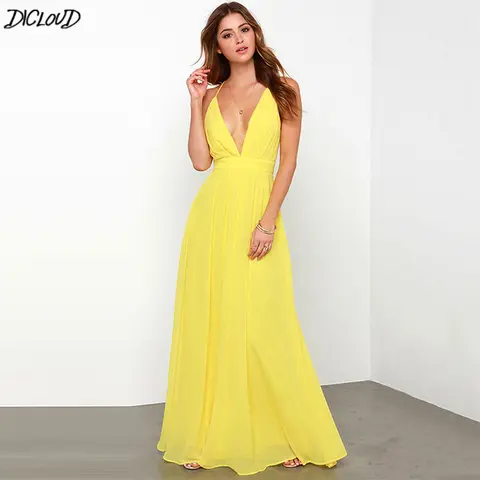 DICLOUD Sexy Summer Dresses Women Vintage Bohemian Beach Strap Long Dress Ladies Casual V-Neck Dresses Woman Yellow Clothes