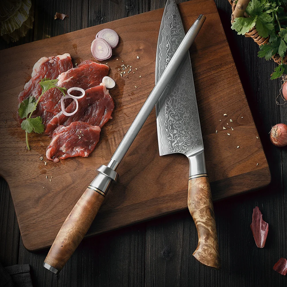 HEZHEN Knife Sharpener Rod Diamond Sharpening Figured Sycamore Wood Handle Wear-Resistant Kitchen Tools