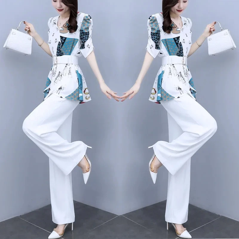 Women's Chiffon Wide Leg Pants Full Pants Set, V-Neck Short Sleeve, Slim Patchwork Print, Summer Suit, New Fashion, 2024, 2 Pcs