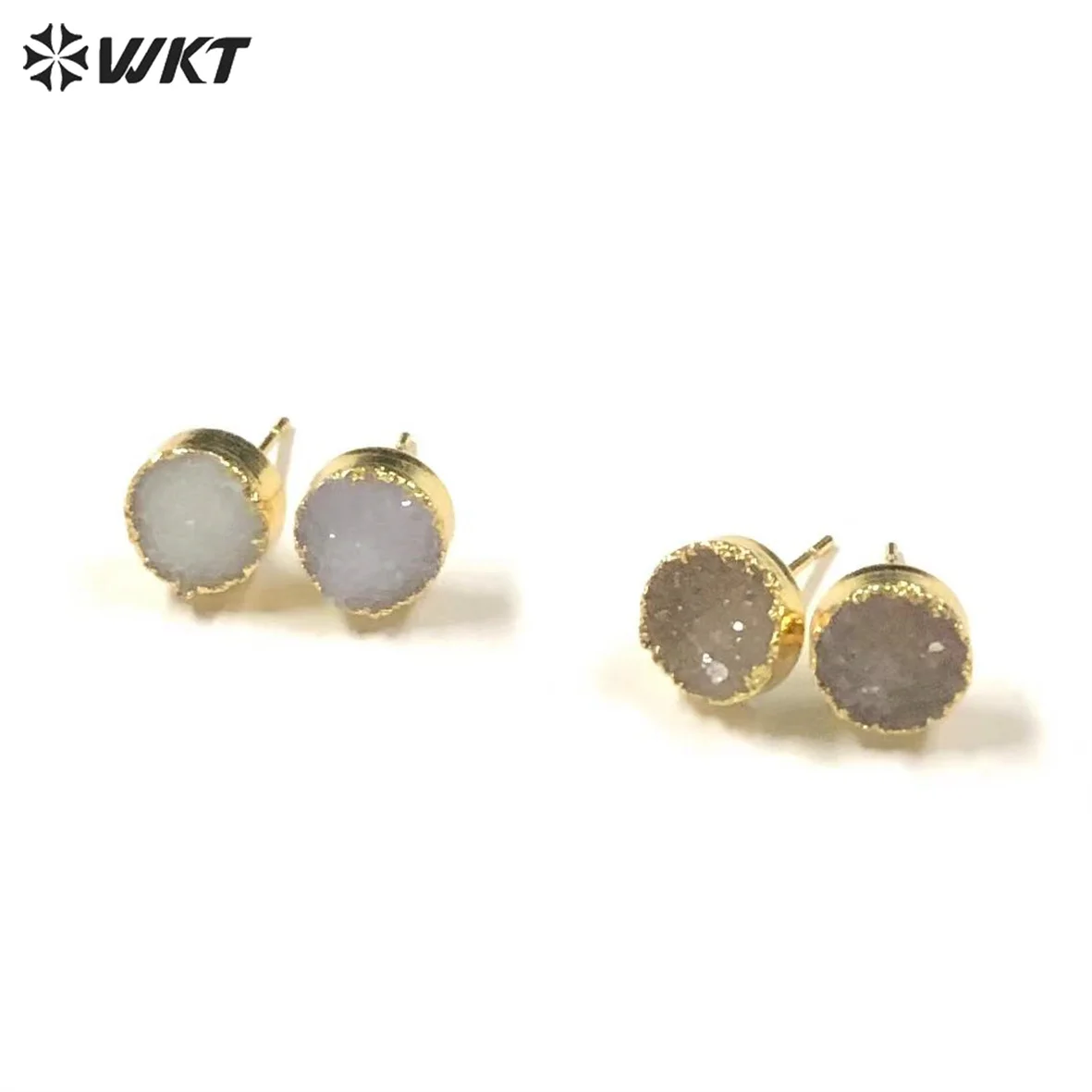 WT-E148 Wholesale lovely natural color tiny  round druzy stone studs raw stone earrings in gold dipped for women