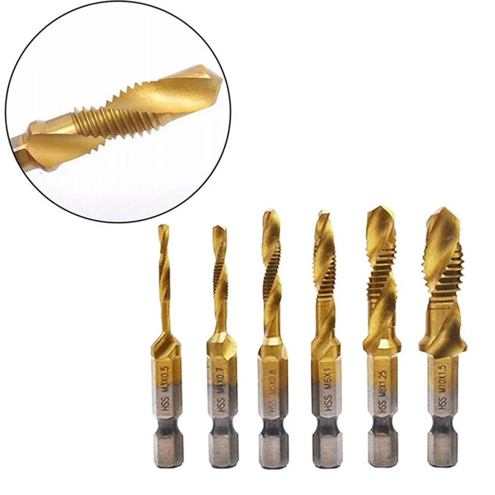 6Pcs Tap Drill Bit Set Hex Shank Titanium Plated HSS Screw Thread Bit Screw Machine Compound Tap M3 M4 M5 M6 M8 M10 Hand Tools