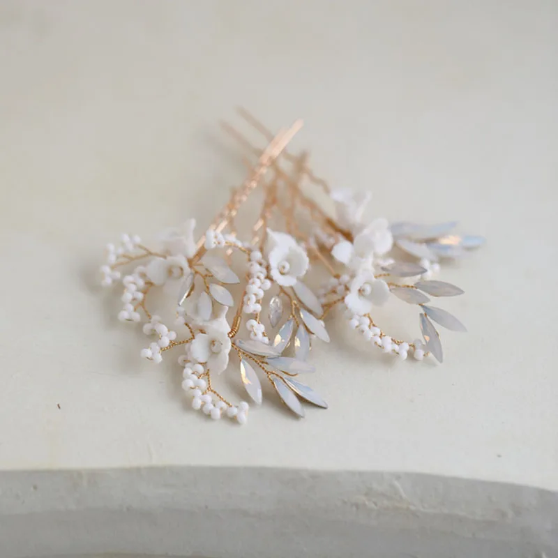 Floralbride Handmade Porcelain Flower Opal Crystal Bridal Hair Pin Set Wedding Hair Sticker Women Jewelry Hair Accessories