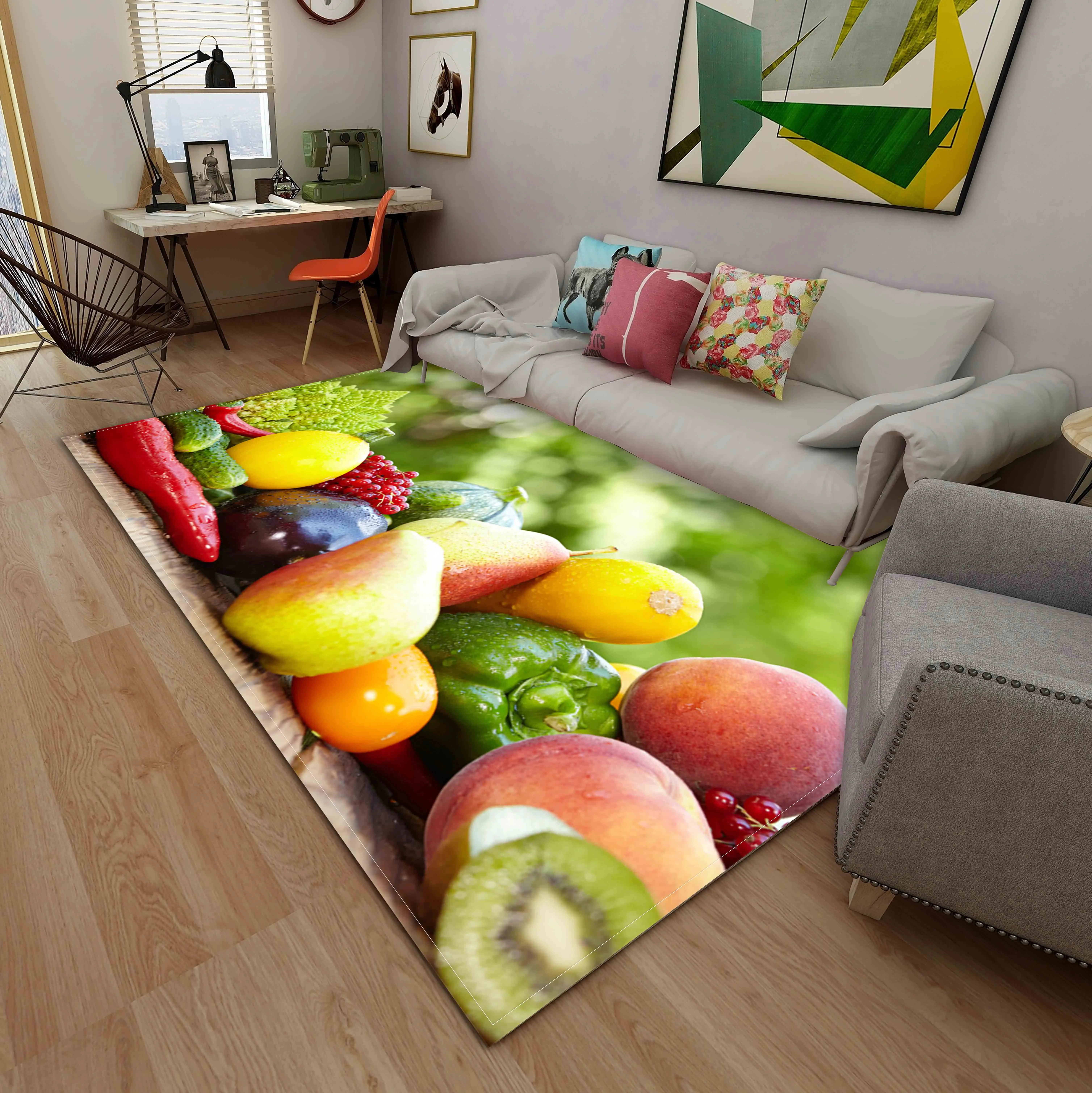 Fresh Fruit Area Rugs Large Anti Slip Floor Mat Home Kitchen Living Room Bedroom Hallway Print Apple Pear Kiwifruit Carpet