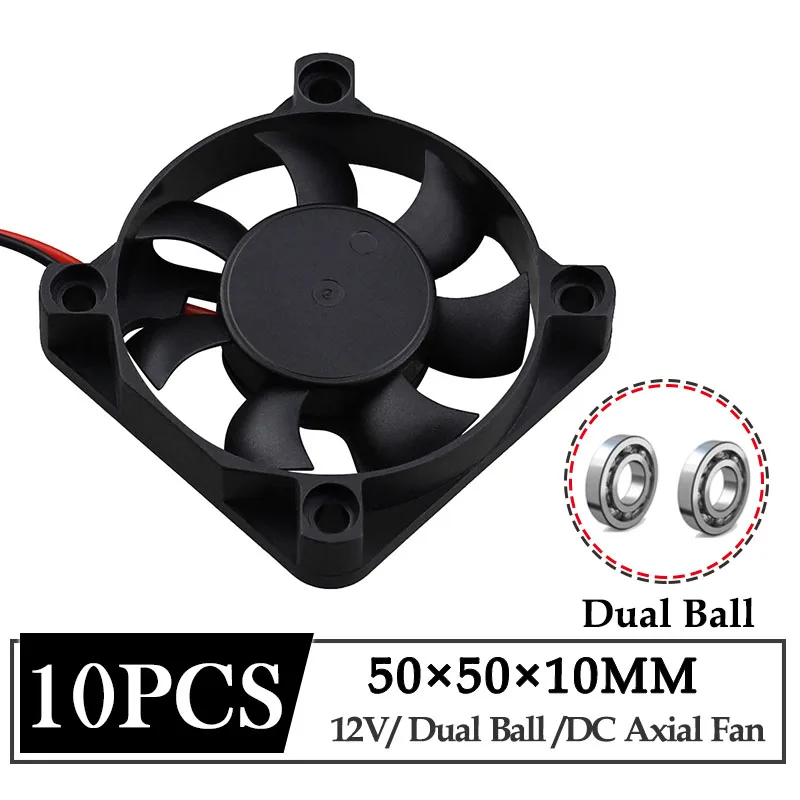 10Pcs/Lot Gdstime DC 12V Fan 50X50X10mm 50mm Dual Ball Bearing Mini Brushless Axial Cooling Fan 5cm 50mmx10mm CPU Plastic Cooler