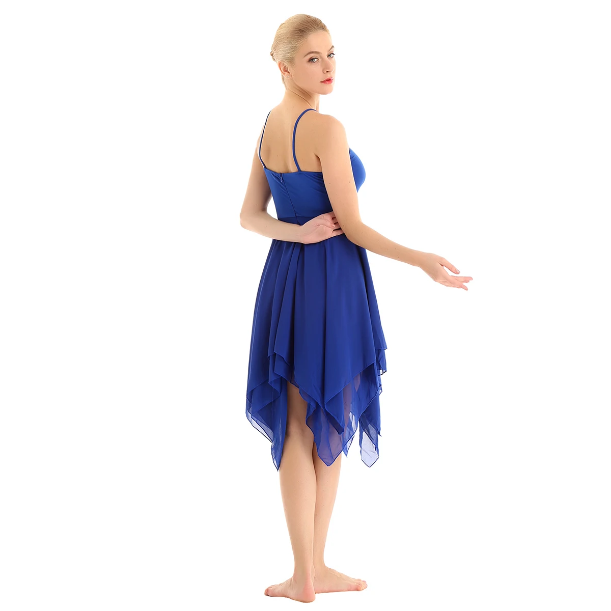 Women Sleeveless Asymmetrical Chiffon Lyrical Dance Costumes  Ballet Tutu Gymnastics Leotard Performance Illusion Dancewear