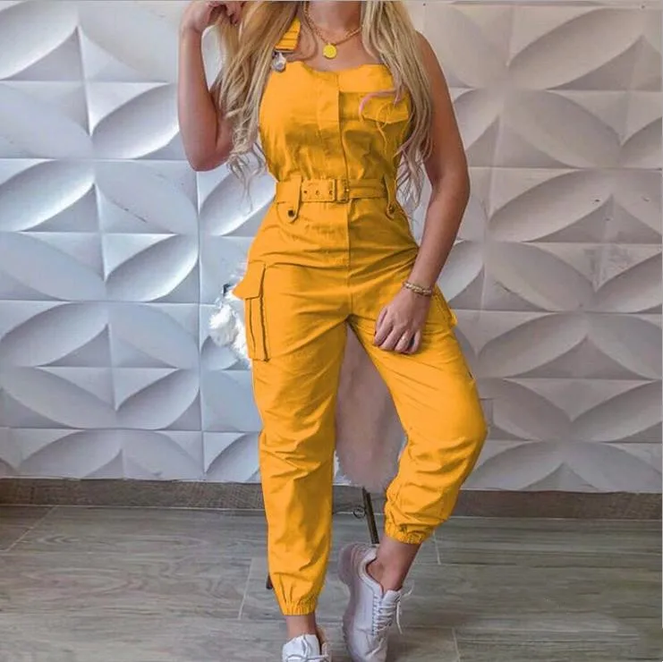 Women Jumpsuits Summer Casual Cargo Pant Sleeveless Playsuit O Neck Jumpsuit With Pocket and Belt Pencil Pants Loose Overalls