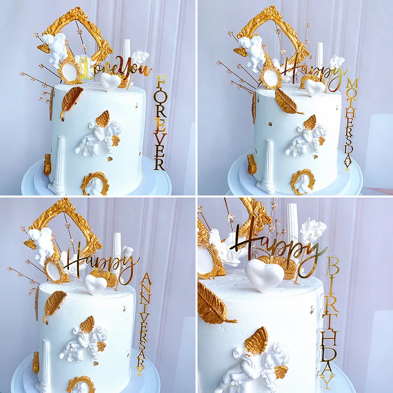 Gold Happy Birthday Cake Topper Acrylic Love You for Ever Wedding Cupcake Topper For Wedding Birthday Party Cake Decorations