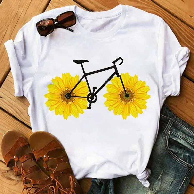 Maycaur New Funny Bicycle with Sunflower Women Tshirt Summer Harajuku Short Sleeve White T Shirts Cartoon Casual Woman Tops Tees