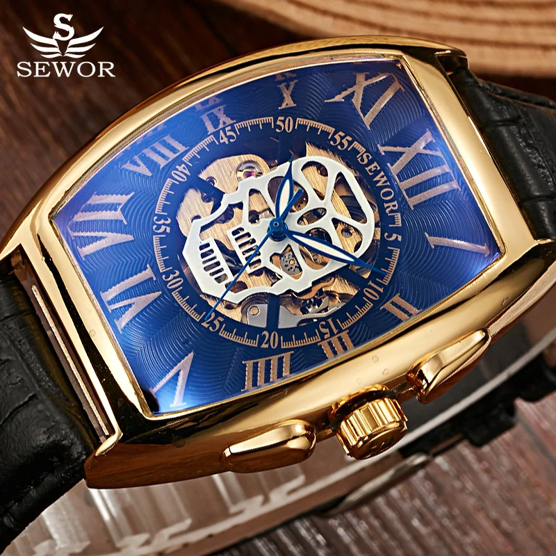 Luxury Gold Skull Watch Men Skeleton Watches Sewor Automatic Mechanical Wristwatches Men Tonneau Watches Clock Reloj Hombre