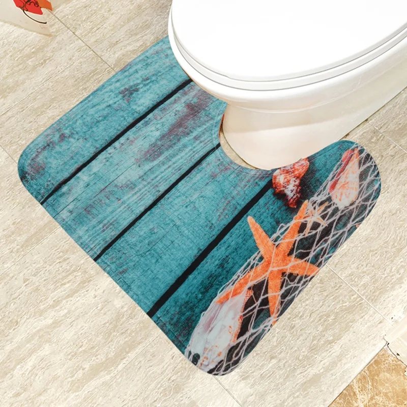 Hot Sale Beach Seashells Starfish Sand Bath Mat Holidays Summer Bathroom Carpet Rug Non-Slip 3 Piece Toilet Mat Set Starfish F