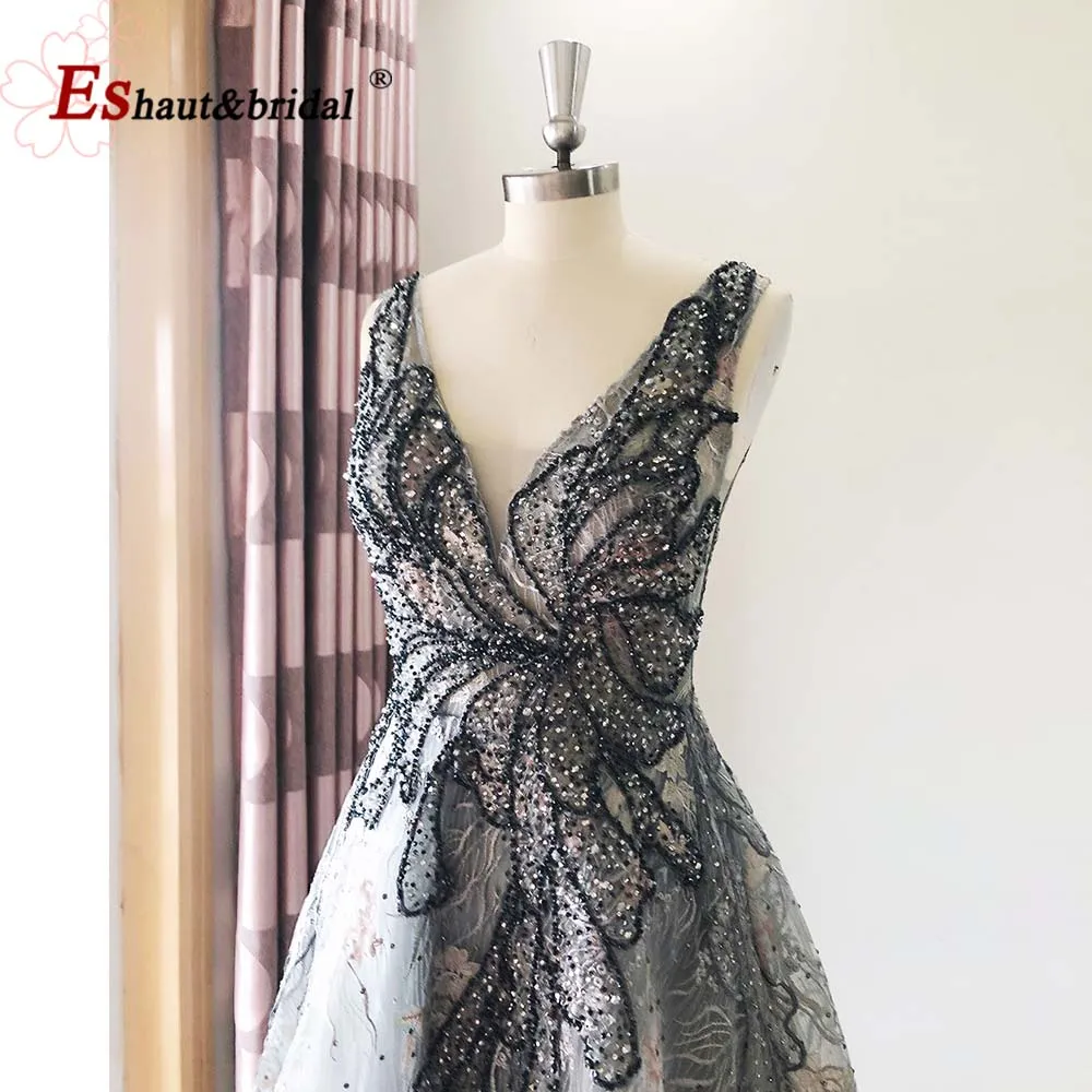 Elegant Dubai Aline Evening Dress for Women 2024 Lace Crystal Handmade V Neck Sleeveless Long Formal Prom Party Gown Customized