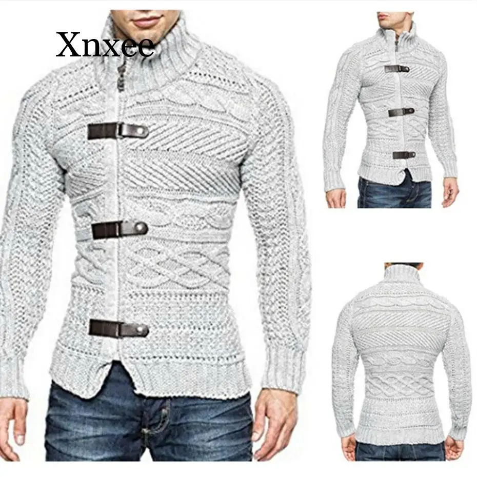 

Весна-осень, Оригинальный модный мужской теплый вязаный свитер, повседневный облегающий джемпер с высоким воротником, мужской зимний свитер