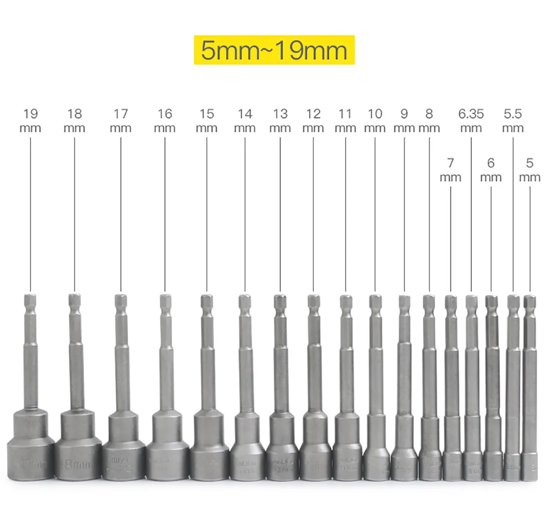 Destornillador de tuerca hexagonal no magnético para taladros eléctricos, herramientas de mano de 5mm-19mm, 100mm de longitud, 1 unidad