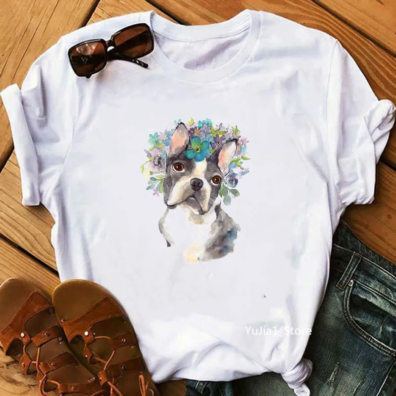 

Watercolor Flower French Bulldog Cat Animal Print Women T Shirt Cute Summer Clothes Dog Lover Birthday Gift Casual Tops Tees