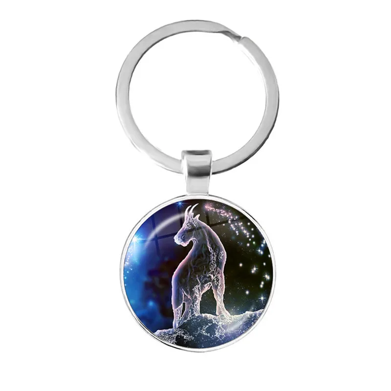 12 Constellation Zodiac Sign Keychain Sphere Glass Dome Key Rings Single Side Scorpio Leo Aries Birthday Gift for Women and Mens