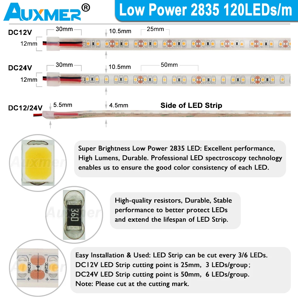 Bande lumineuse LED 2835 basse consommation, 120 LED, 9,6 W/m CRI95/90 IP68 Rubans souples à LED, Rouge Vert Bleu Ambre DC12/24 V pour l\'extérieur