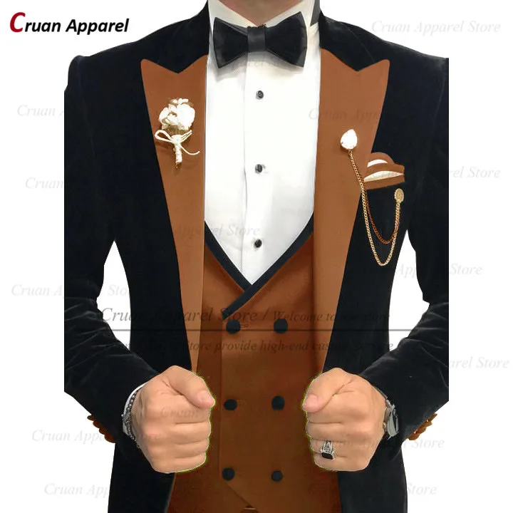 

Tailor-made Velvet Black Wedding Suit for Men Slim Fit Fashion Best Man Groom Dinner Evening Tuxedo Jacket Brown Vest Pants 3Pcs