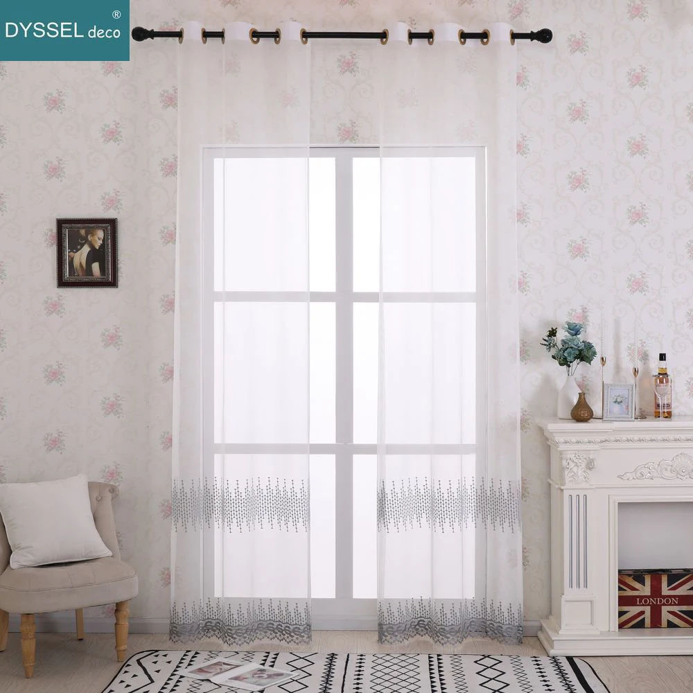 Modern Natural Floral Embroidered Scallop Europe Style Voile Tulle Sheer Windows Curtain For Livingroom Bedroom