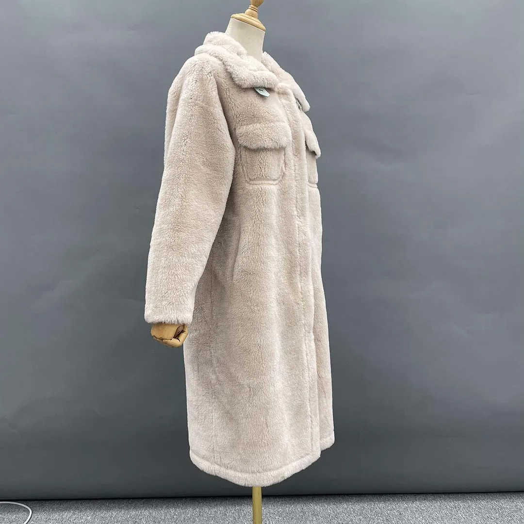 2021 Winter Women Real Sheep Shearing Coat Natural Female Thicken Warm Wool Stand Collar Front Pocket Jacket