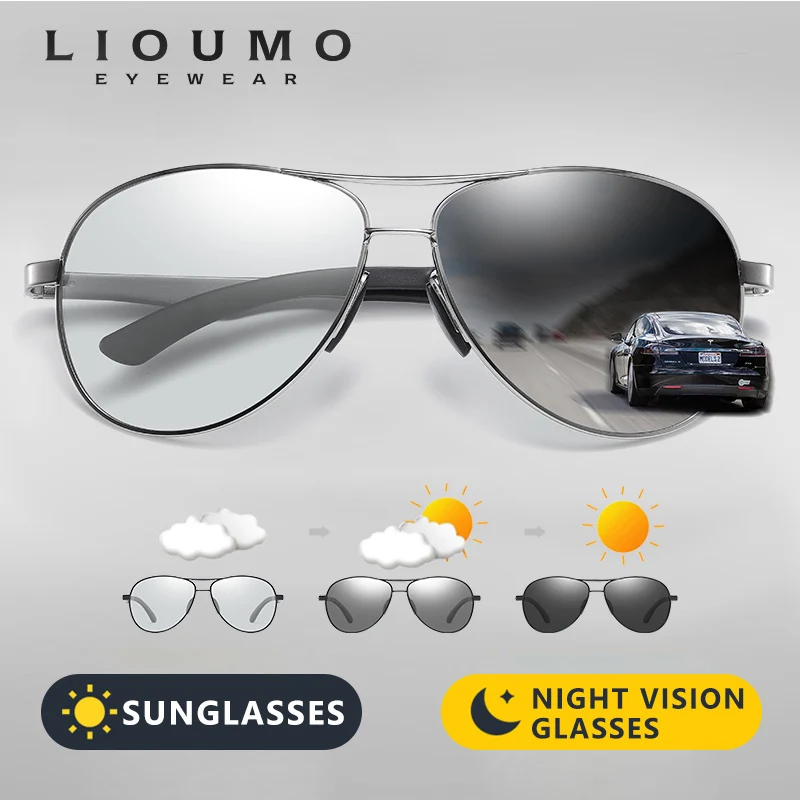 Óculos de sol fotocromático polarizados para homens e mulheres, óculos de sol com segurança, design clássico de marca piloto antirreflexo
