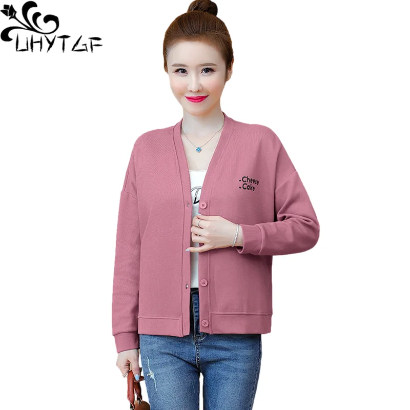 

UHYTGF Short Jacket Women Spring Autumn Coat Loose Size Loose Thin Hooies Sweatshirt Female Casual Cardigan Tops Outerwear 1536
