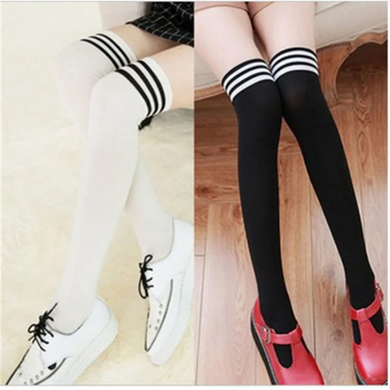 

New Sexy Medias Black White Striped Long Socks Women Over Knee Thigh High Over The Knee Stockings Ladies Girls Warm Knee Socks