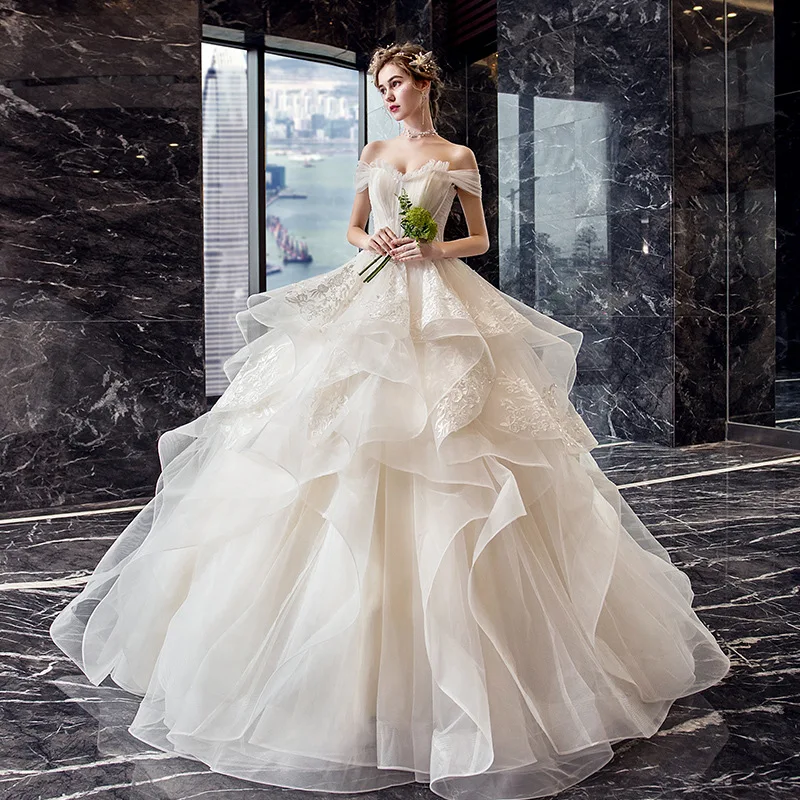 Noble Luxury Elegant Ball Gown Appliques Sexy Slash Neck Wedding Dress Bridesmaid Princess Dream Romantic Vintage Bridal Gowns