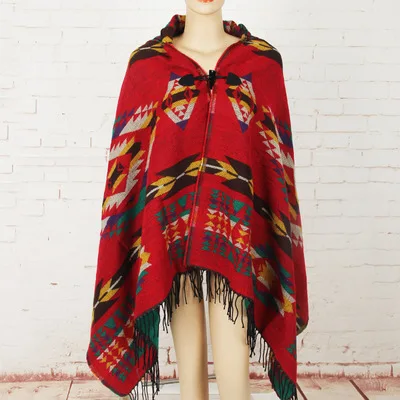 Poncho con capucha de punto de estilo moderno para mujer, bufanda sin mangas con borlas, abrigo bohemio, Pashmina informal con cuernos y hebilla,