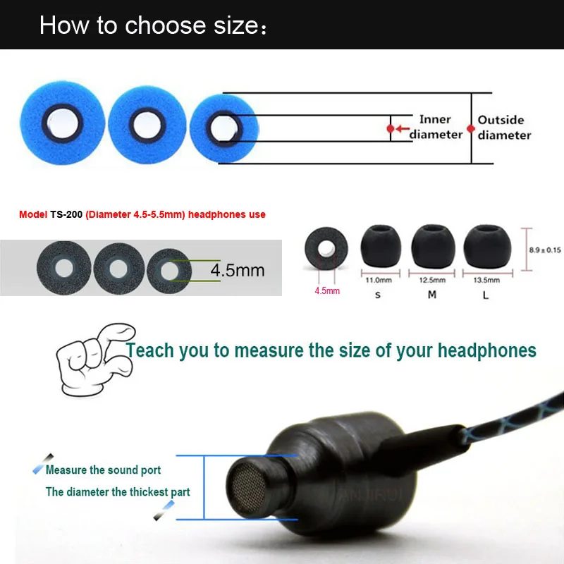 スポンジイヤホンTS-200,1ペア,ラウンド,スロー抵抗付きメモリー,コットン4.5mm s/m/l,4.5mm-5.5mm