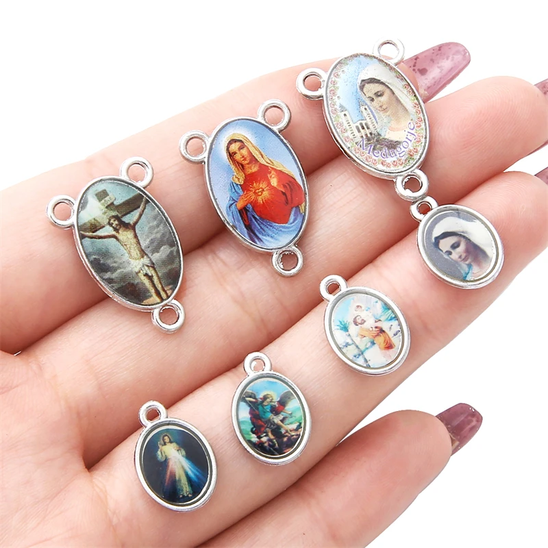 20pcs Mixed Enamel Antique Silver Jesus Mother Mary Connector Charm Pendants for DIY Rosary Necklace Bracelet Jewelry Making