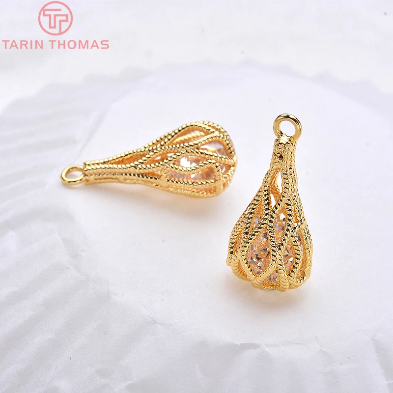 (592)4PCS 20*10MM 24K Champagne Gold Color Brass with Zircon Double Drop Charms Pendants High Quality Jewelry Accessories