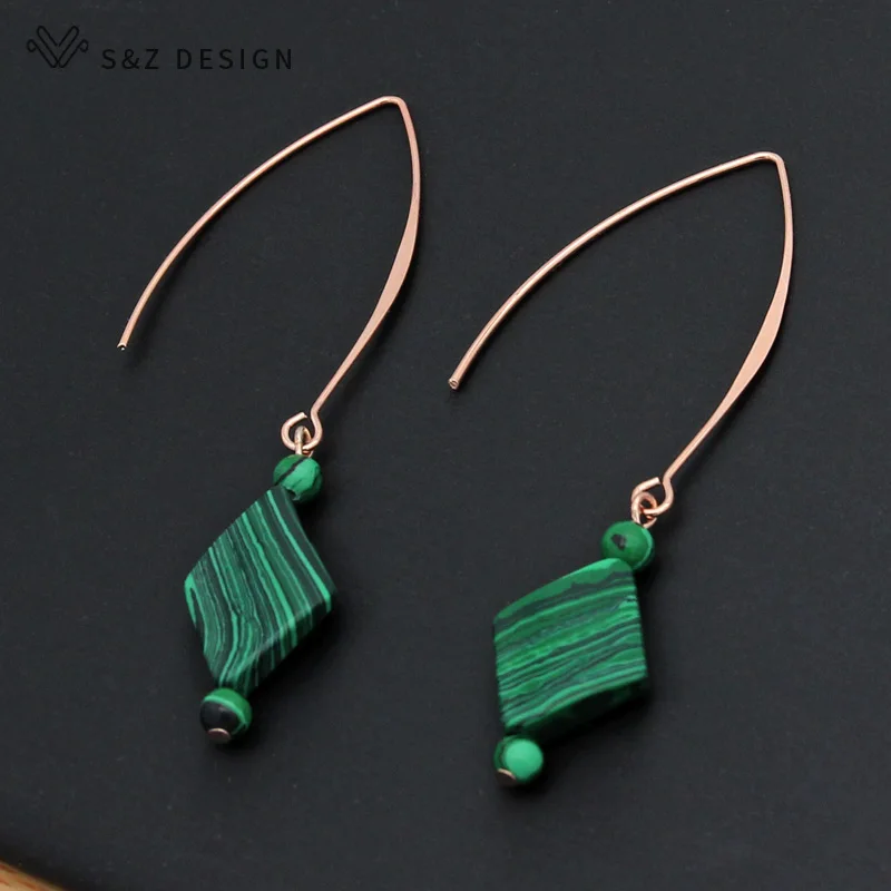 S&Z DESIGN New Long Prismatic Natural Malachite Dangle Earrings Vintage 585 Rose Gold Color Eardrop For Women Wedding Jewelry