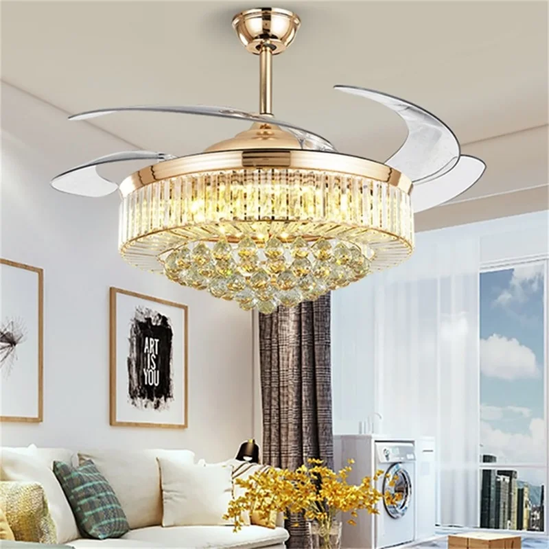 OUFULA Ceiling Fan Light Invisible Luxury Crystal Silvery LED Lamp With Remote Control Modern For Home