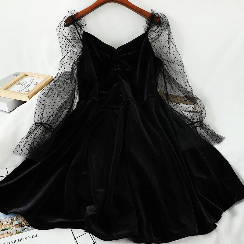 Vestido de manga comprida, estilo vintage de hong kong de veludo preto temperamento vestido para mulheres vestido kawaii menina gótico lolita op loli