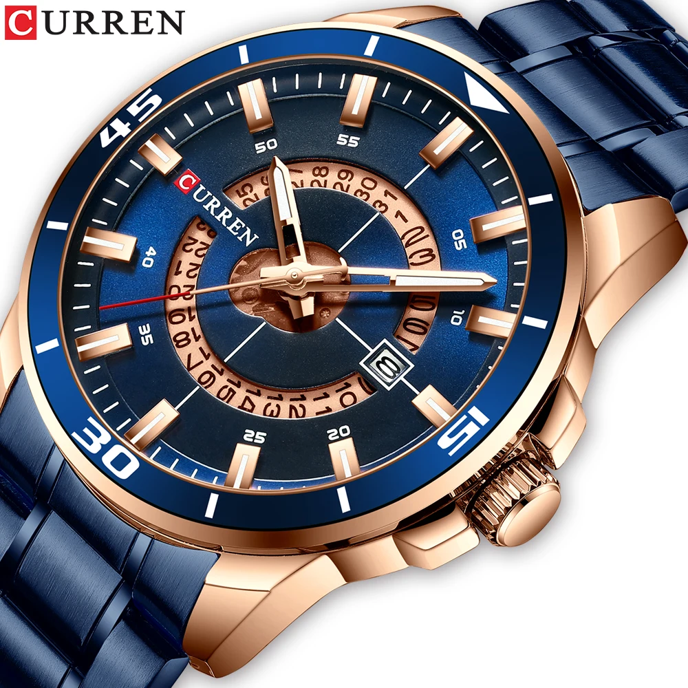 CURREN-reloj analógico de cuarzo para hombre, cronógrafo de acero inoxidable con esfera azul, resistente al agua, de negocios, de lujo, a la moda