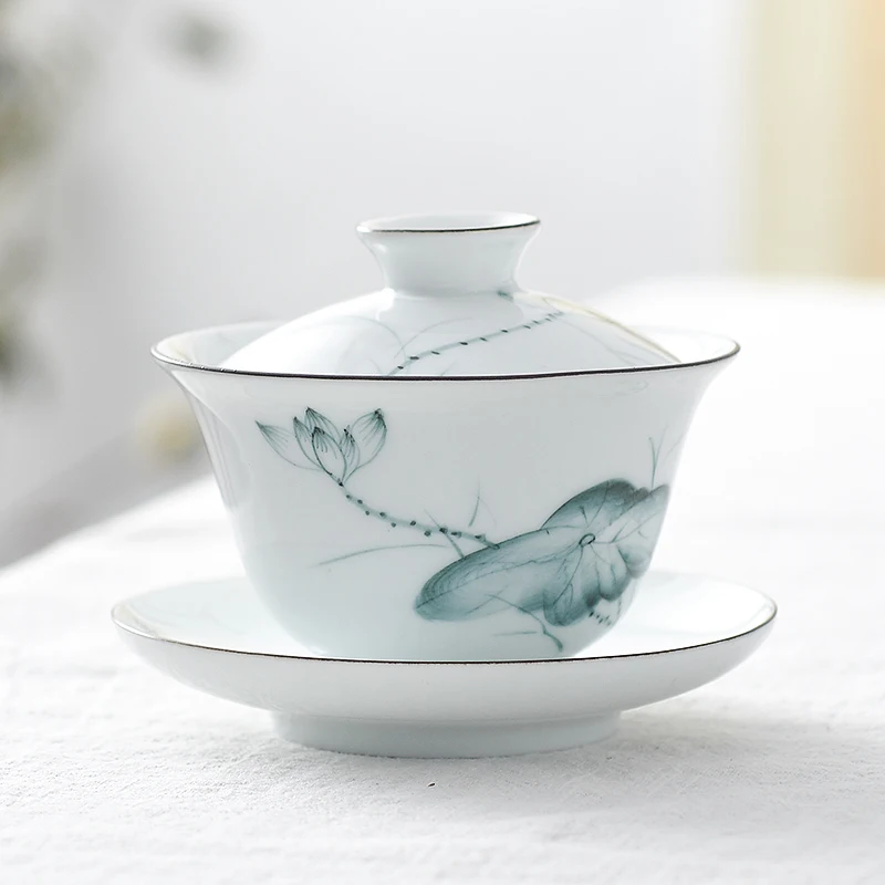 handpainted water lily porcelain gaiwan 125ml / 165ml / 200ml Chinese tureen cup bowl with saucer lid floral print under glaze