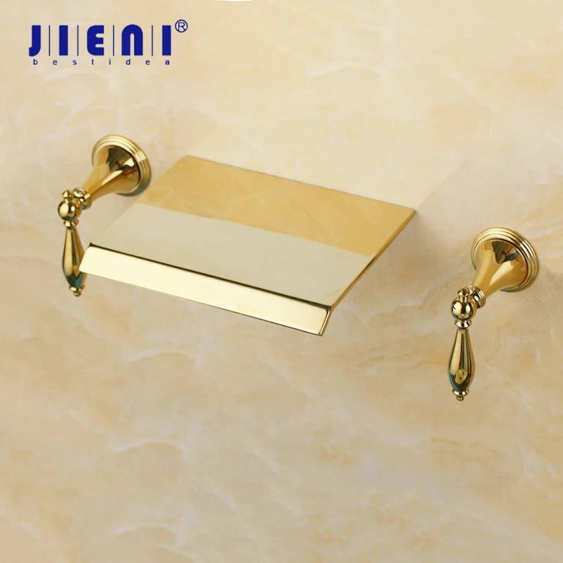 

JIENI Golden Plated Bathtub Sink Faucet Polish Gold 2 Handles 3 Pcs Bathroom Faucet Wall Mount Waterfall Basin Faucet Mixer Tap