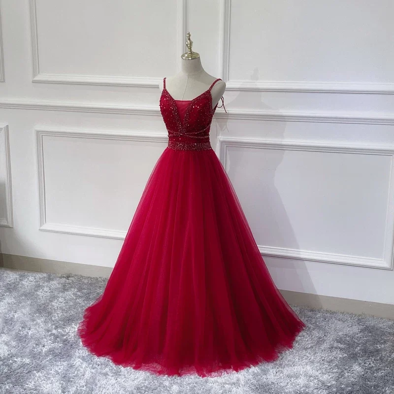 

Evening Dress Burgundy Beads Deep V-Neck A-Line Spaghetti Strap Sleeveless Elegant Floor-Length Party Formal Dresses Woman B1382