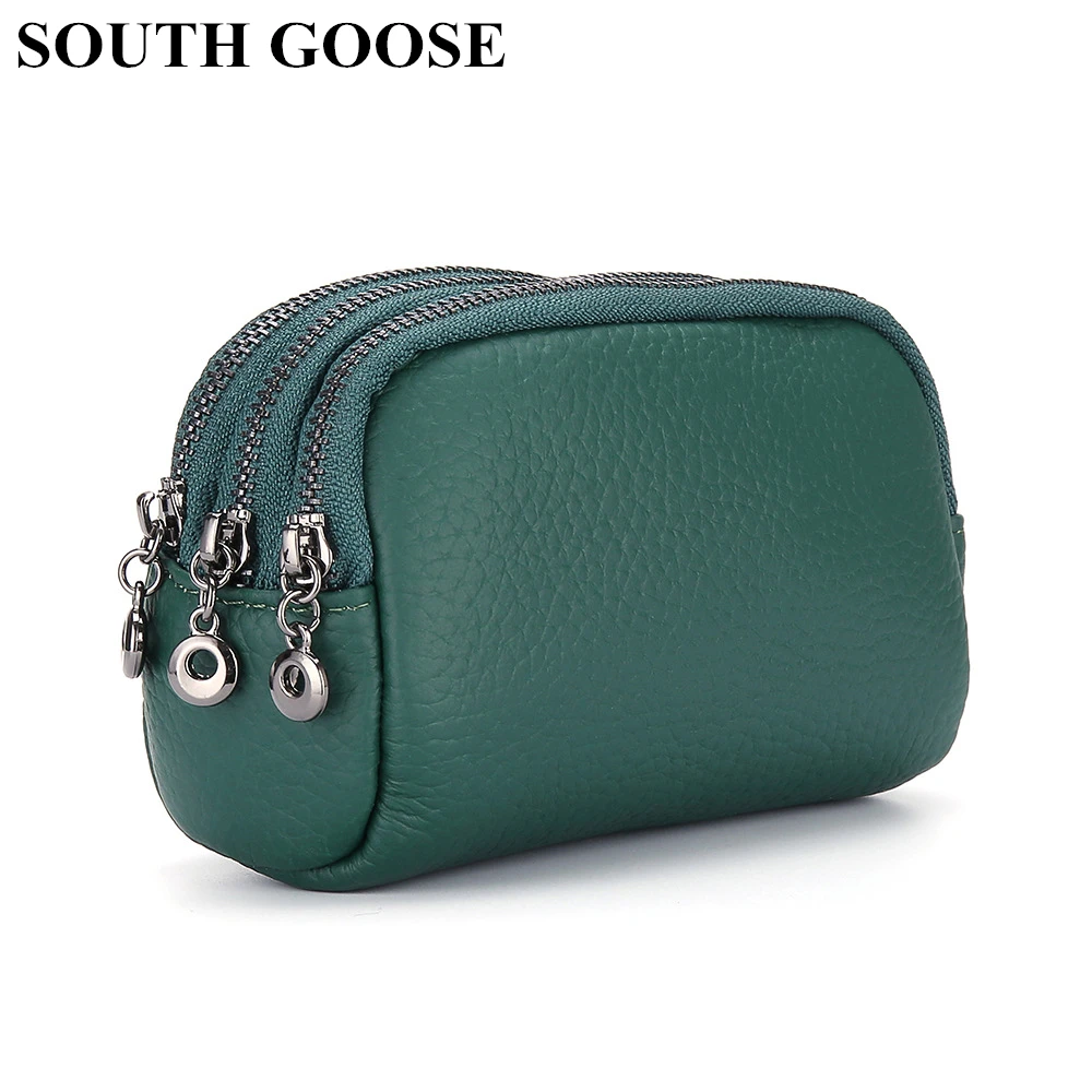 

Genuine Leather Women Coin Purses Fashion Mini Clutch High Capacity Three-layer Zip Pocket Female Small Money Bag With Keychain